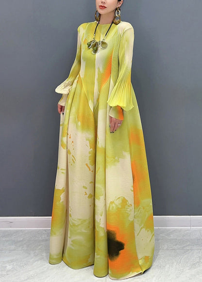 Green Print Wrinkled Cotton Maxi Dresses Puff Sleeve