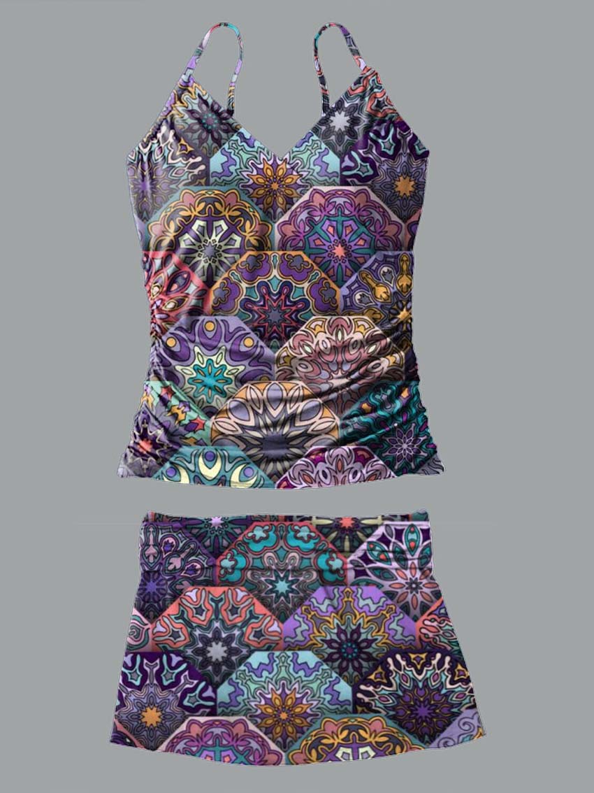 V-Neck Retro Ethnic Art Mandala Pattern Art Print Suspender Skirt Tankini Pantskirt Set Swimsuit