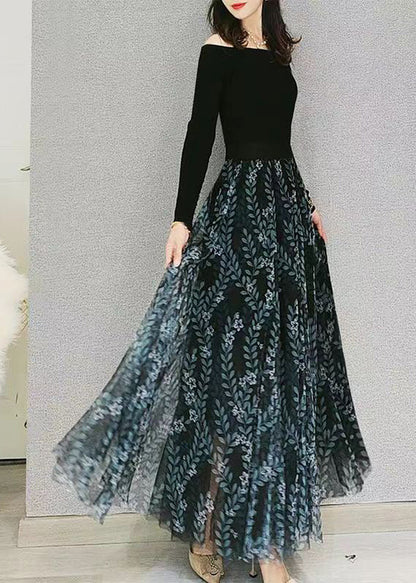 Green Print Elastic Waist Loose Tulle Skirt Spring