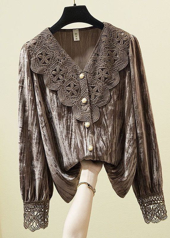 Diy Coffee V Neck Lace Patchwork Silk Velour Shirt Long Sleeve