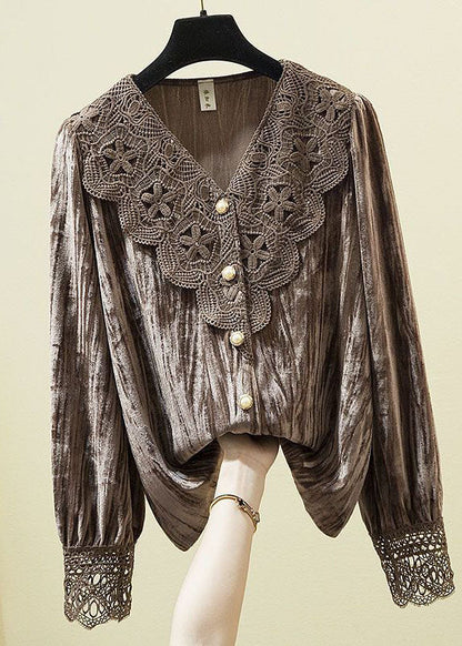 Diy Coffee V Neck Lace Patchwork Silk Velour Shirt Long Sleeve