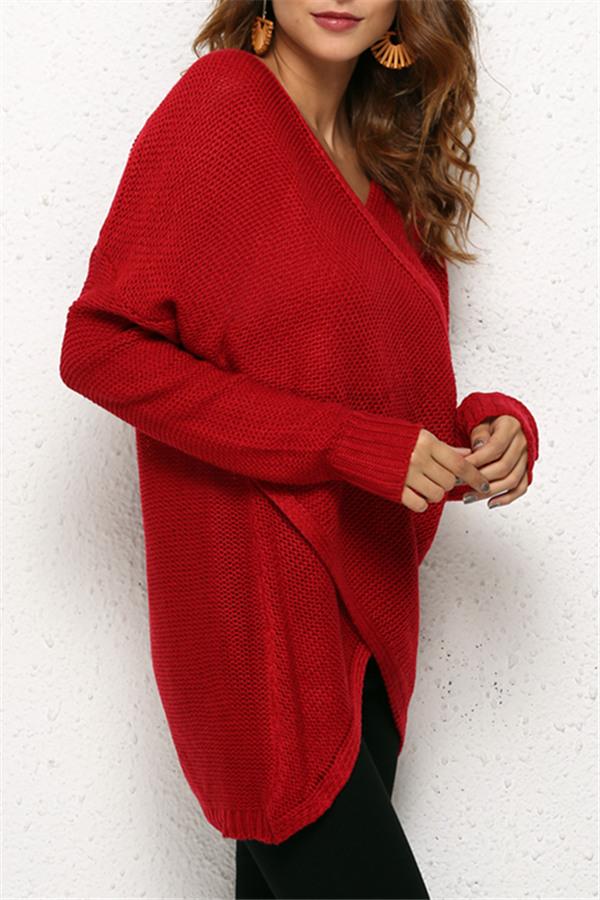 V Neck Front Cross Weekend Sweater - Red