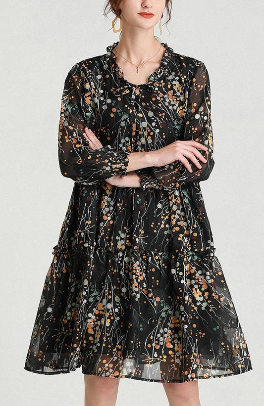Black Yellow Print Bow Party Summer Chiffon Dress