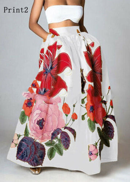 White -red Print High Waist Pockets Print Cotton a Line Skirt Summer