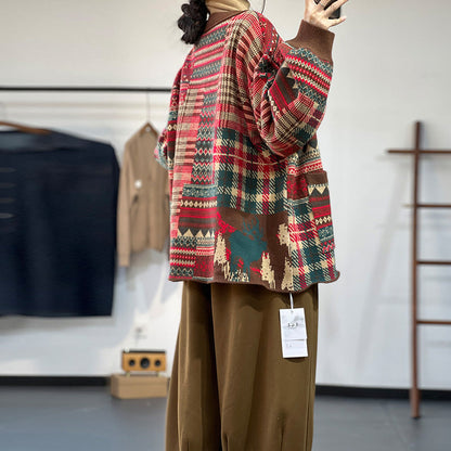 V-neck Jacquard Knitted Literary Thick Woolen Top