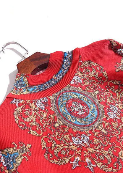 Red Stand Collar Wrinkled Print Silk Long Dresses Vestidos Bracelet Sleeve