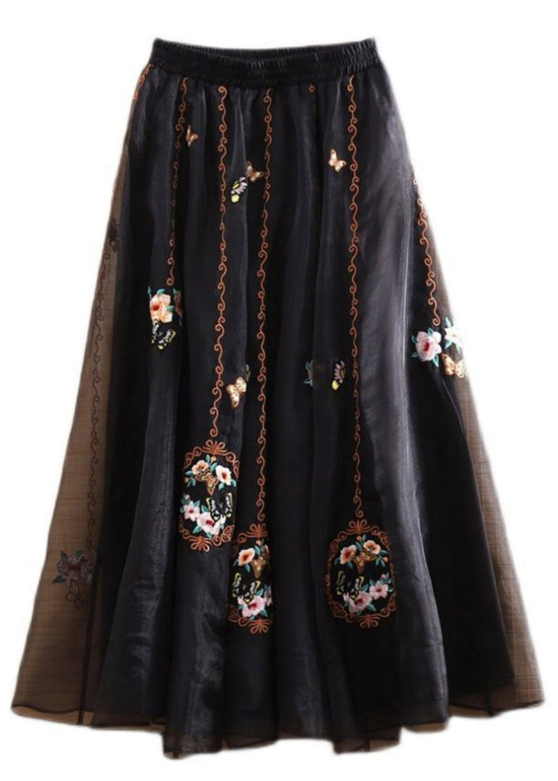 Black Elastic Waist Embroideried Tulle Maxi Skirts Summer