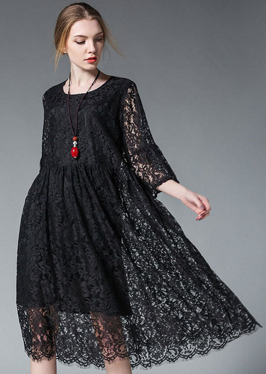Black O-neck Hollow Out Lace Party Dress Flare Sleeve