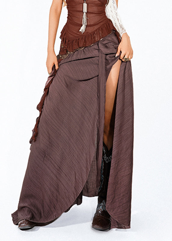 Chocolate Ruffled Patchwork a Line Skirt Summer