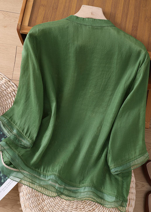 Green Embroidered Button Patchwork Linen Top Bracelet Sleeve