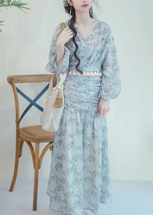 Blue V Neck Print Top and Skirts Two-piece Set Fall