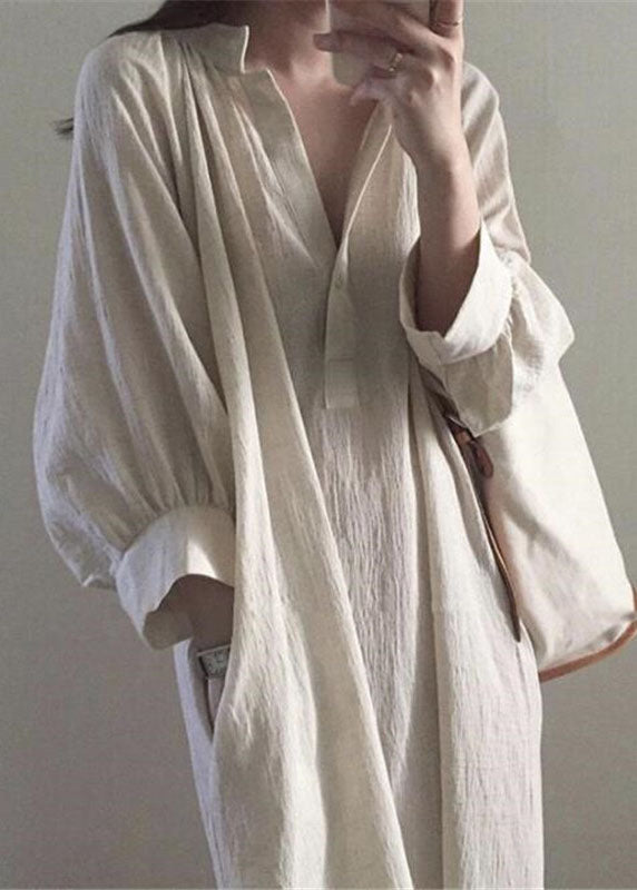 Apricot Side Open Stand Collar Cotton Dresses Long Sleeve