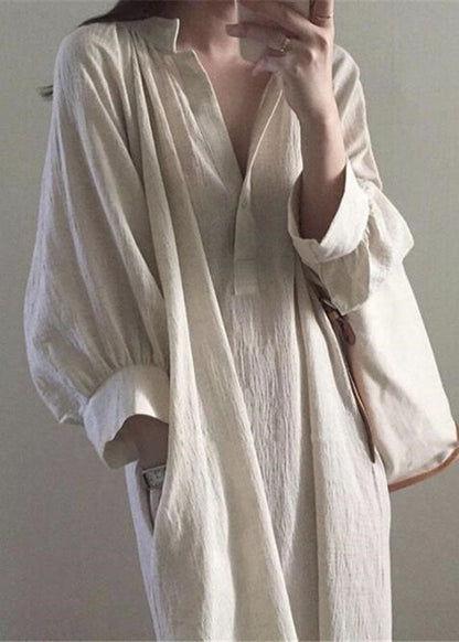 Apricot Side Open Stand Collar Cotton Dresses Long Sleeve