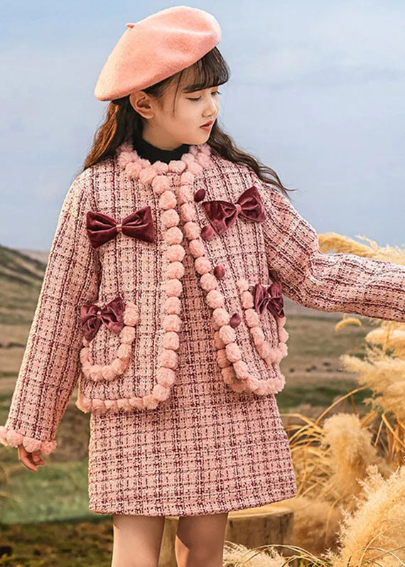 Pink O-neck Patchwork Button Kids Coats and Skirts Two Pieces Set Spring