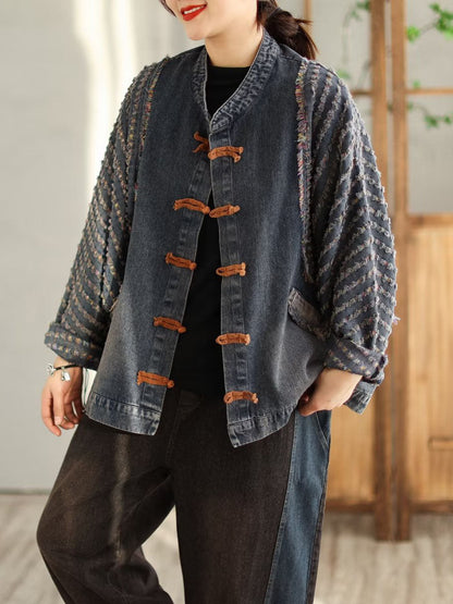 Spring Patchwork Frog Burrs Denim Coat