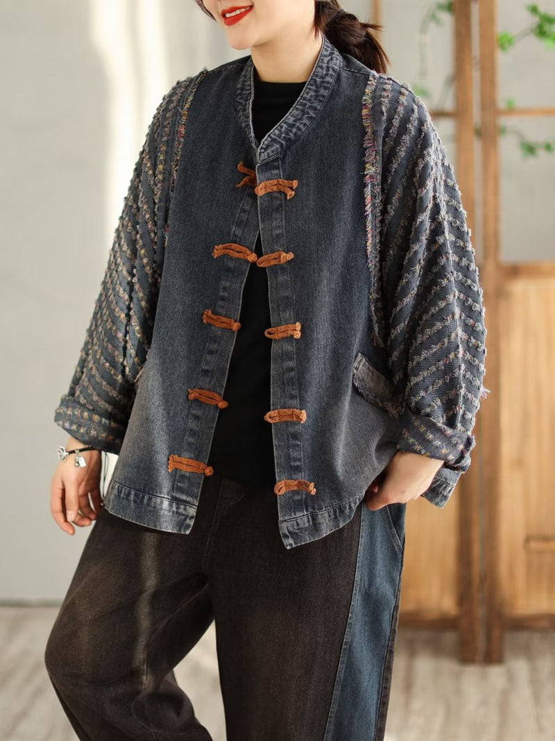 Spring Patchwork Frog Burrs Denim Coat