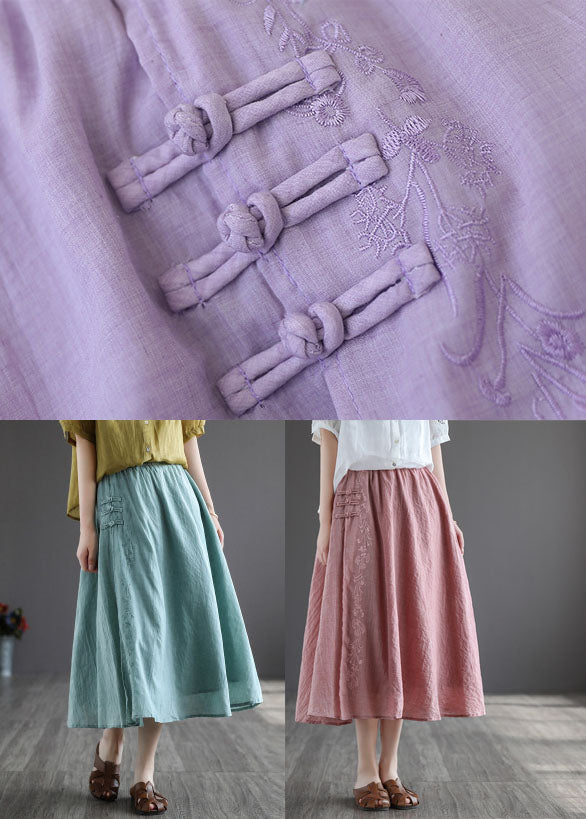 Purple Elastic Waist Embroideried Linen Skirt Spring
