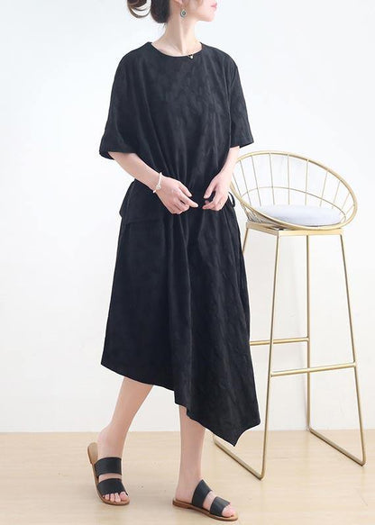 French Black O-neck Cinched Long Summer Linen Dress