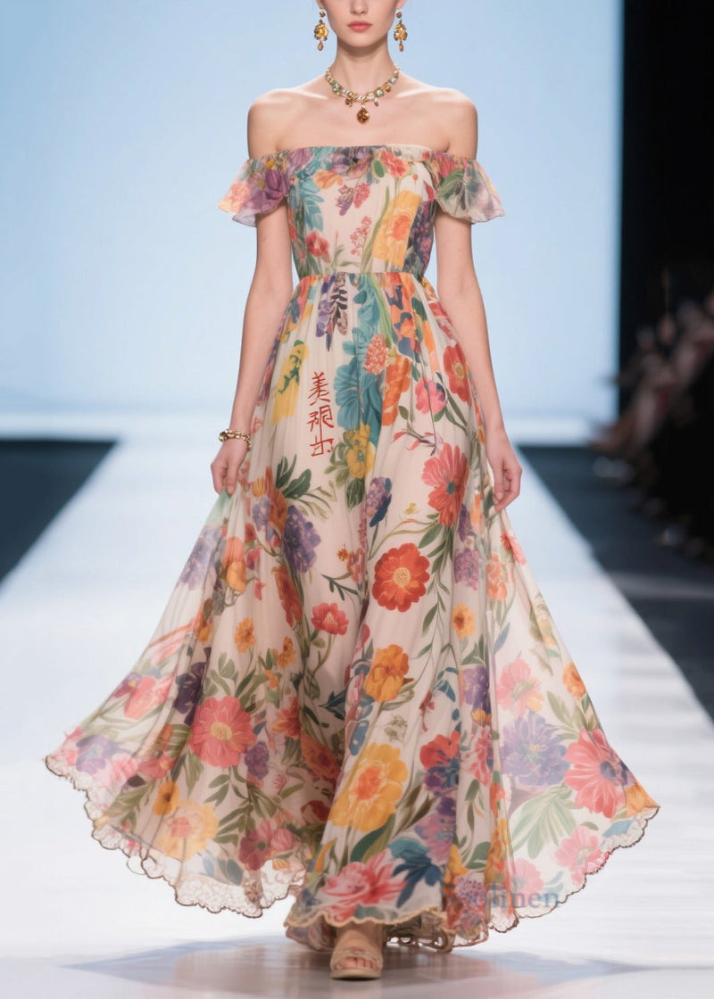 Apricot Print Exra Large Hem Chiffon Strapless Dress Summer