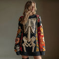 Women's Vintage Halloween Skull Flower Art Cozy Knit Sweater Mini Dress artswardrobe