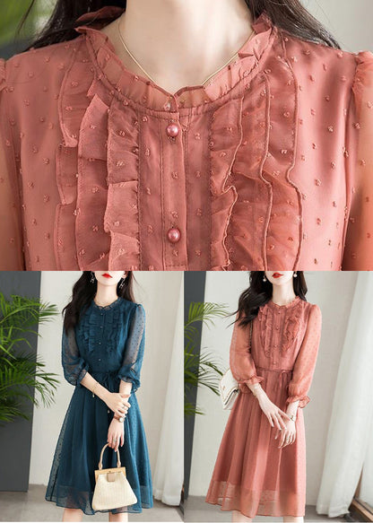 Navy Ruffled Tie Waist Patchwork Chiffon Dress Summer