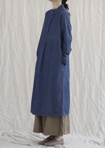 Style Blue Ruffled Pockets Denim Ankle Dress