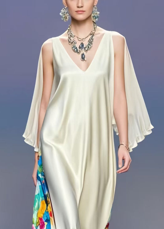 Milk White V Neck Patchwork Silk Vacation Dresses Cloak Sleeves