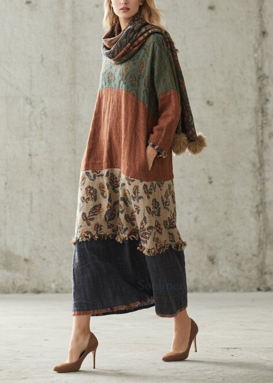 Colorblock Print Patchwork Cotton Dresses Fall