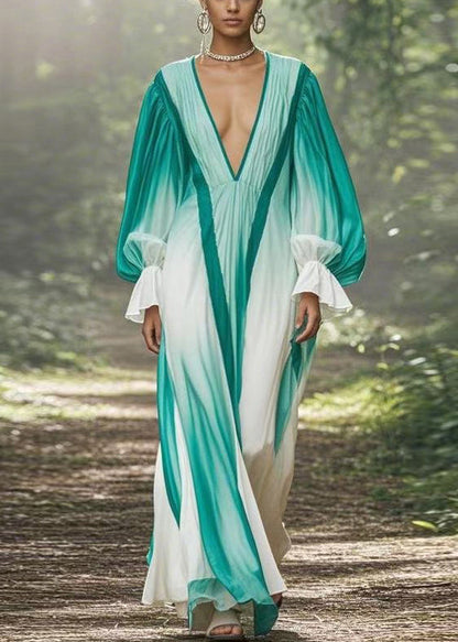 Gradient Color V Neck Original Design Chiffon Long Dresses Flare Sleeve