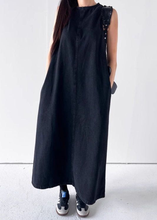 Black Pockets Long Dress O Neck Denim Summer