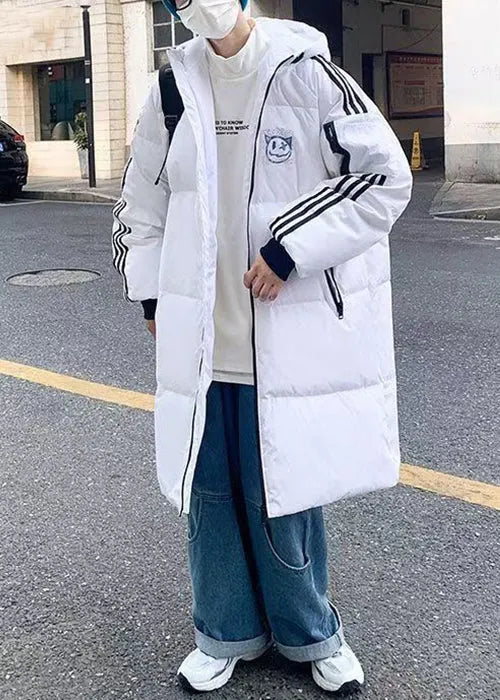 White Hooded Striped Print Duck Down Down Coat Winter