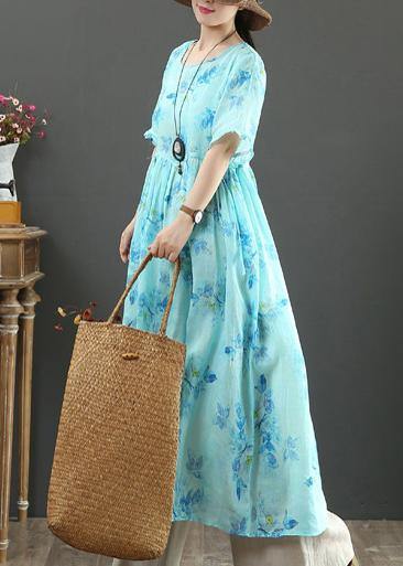 100% O Neck Cinched Linen Summer Dresses Design Blue Print Dresses