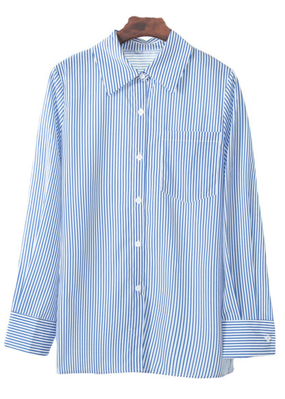 Italian Blue Peter Pan Collar Striped Cotton Shirts Top Fall