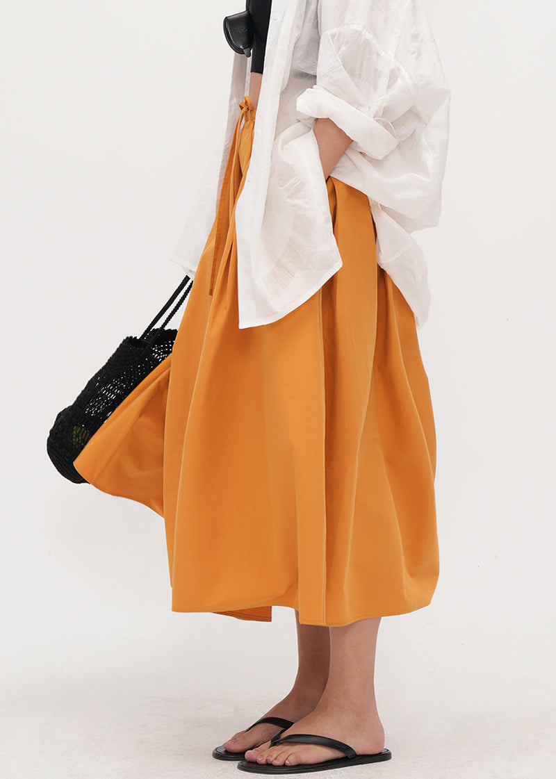Simple Yellow Pockets Drawstring Cotton Skirt Summer