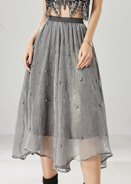 Classy Grey Nail Bead Tulle a Line Skirt Spring