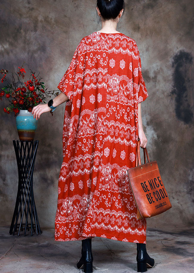 Natural Red Knit O-neck Pockets Fall Dress