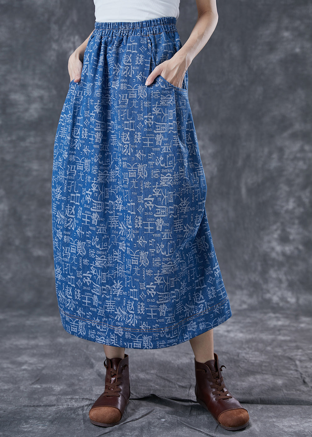Blue Elastic Waist Print Denim Skirts Summer