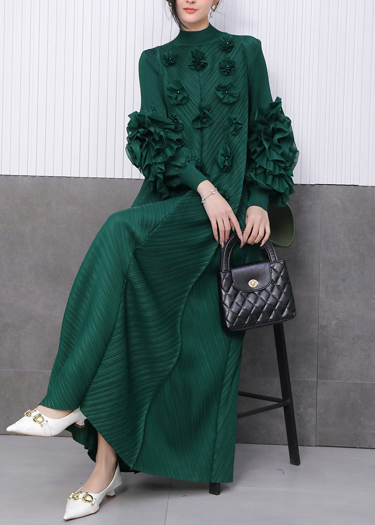 Fine Emerald Decorated Dinner Dress Pleated Texture Scallop Trim