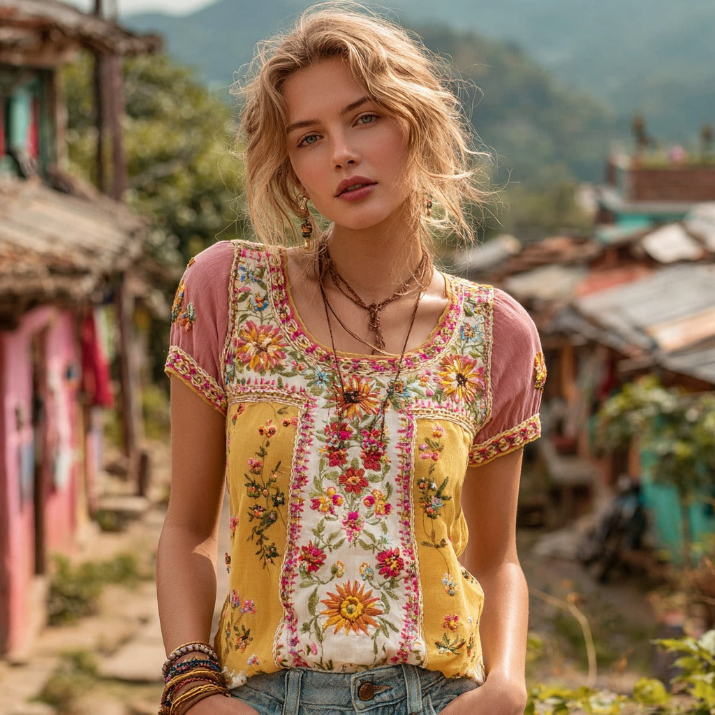 Women's Bohemian Floral Embroidered Art Crew Neck Linen Blend T-shirt elevenforest