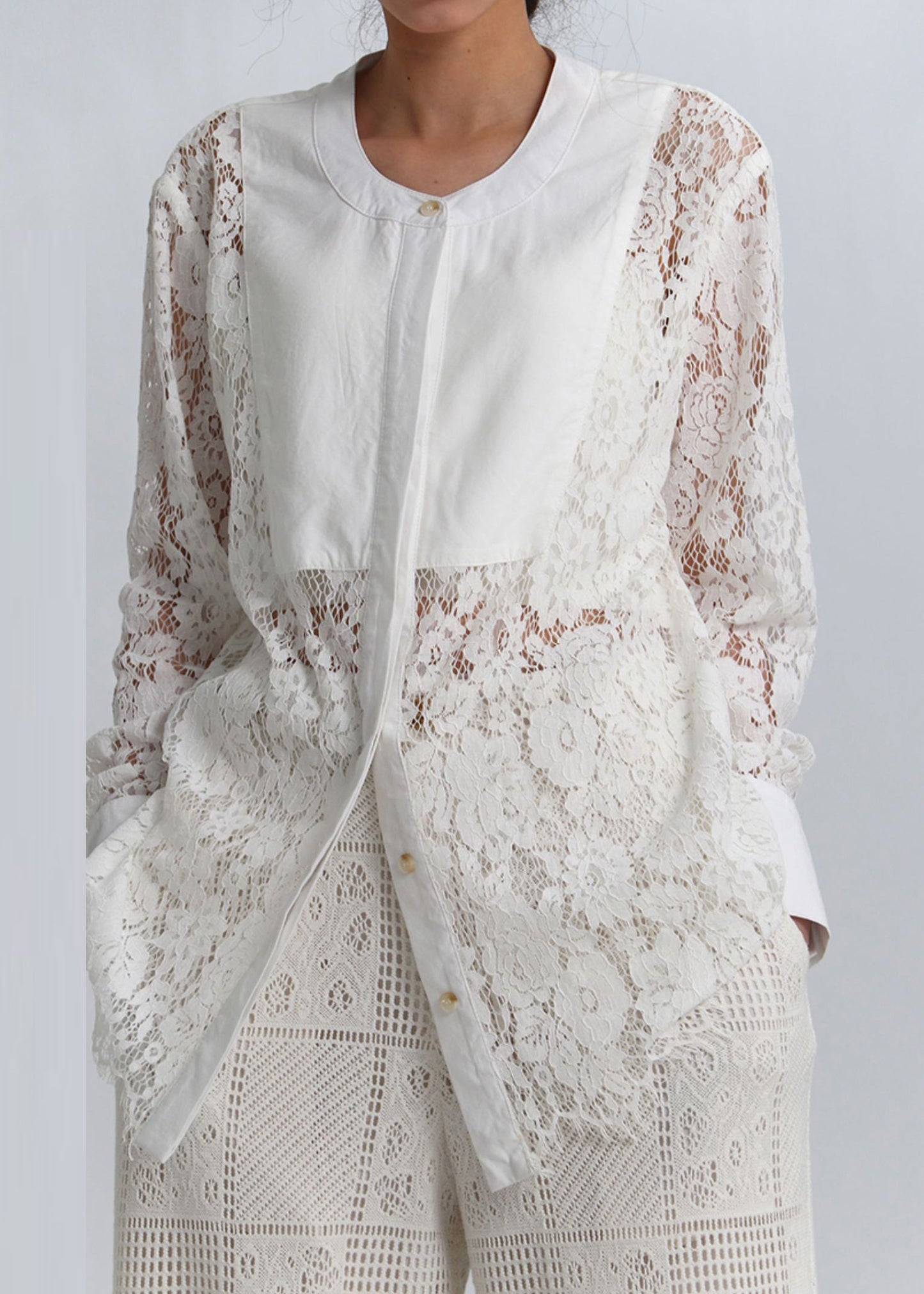 White Button Hollow Out Lace Blouses Spring