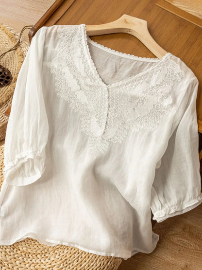 Embroidered V Neck Half Sleeve Linen Top
