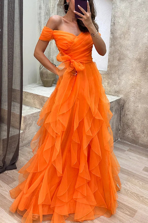 First Impression Tulle Off Shoulder Tiered Ruffle Evening Maxi Dress Yellow
