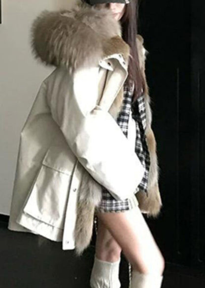 Apricot Pockets Patchwork Detachable Hoosed Jacket Winter