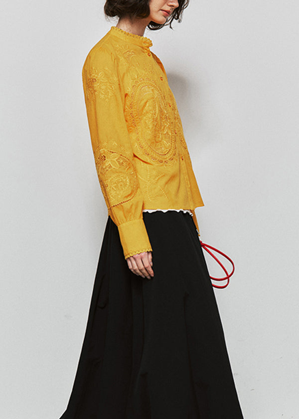 Yellow Embroidered Button Cotton Shirt Tops Fall
