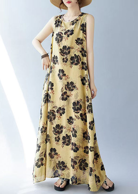 Yellow Oversized Print Cotton Dresses Sleeveless
