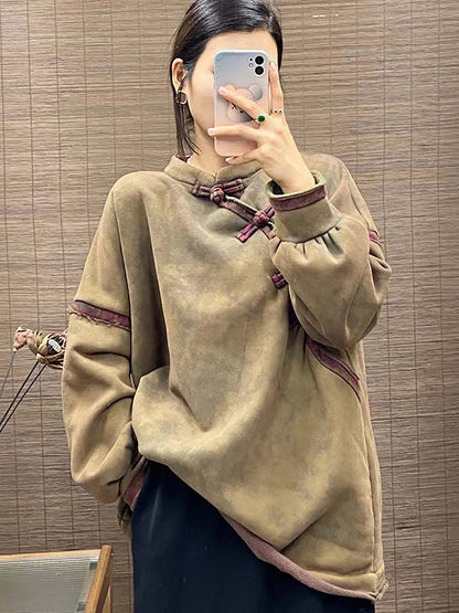 Chinese Button Worn Thick Sweatshirt