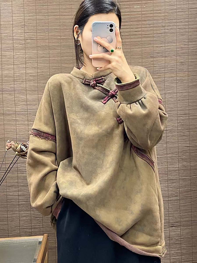 Chinese Button Worn Thick Sweatshirt