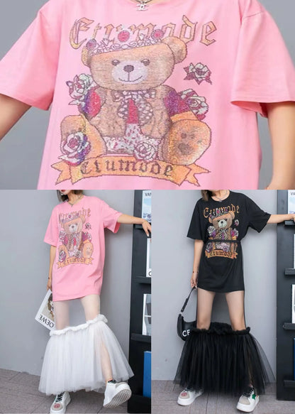 New Pink O-neck Print Cotton T Shirt Tops and Tulle Skirts Two Pieces Set Summer