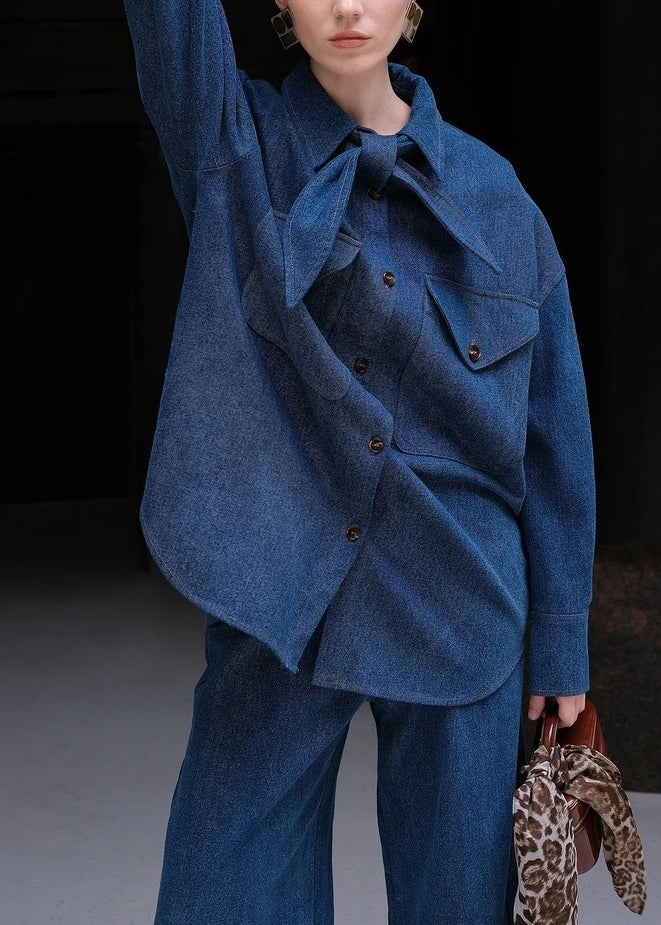 Denim Blue Peter Pan Collar Button Shirt and Pants Two Pieces Set Fall
