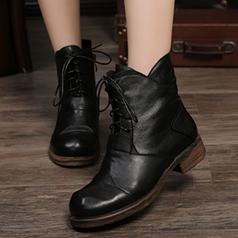 Cozy Lace Up Leather Chunky Heels Martin Boots